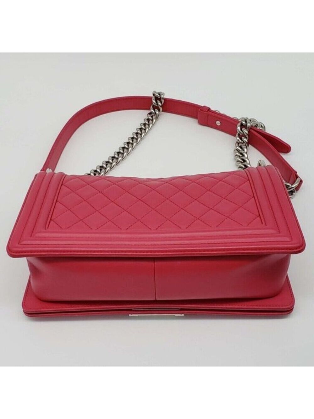 Authentic Chanel Boy Bag Red Quilted Leather Medium Flap Silver Chain CC Logo - Picture 8 of 16